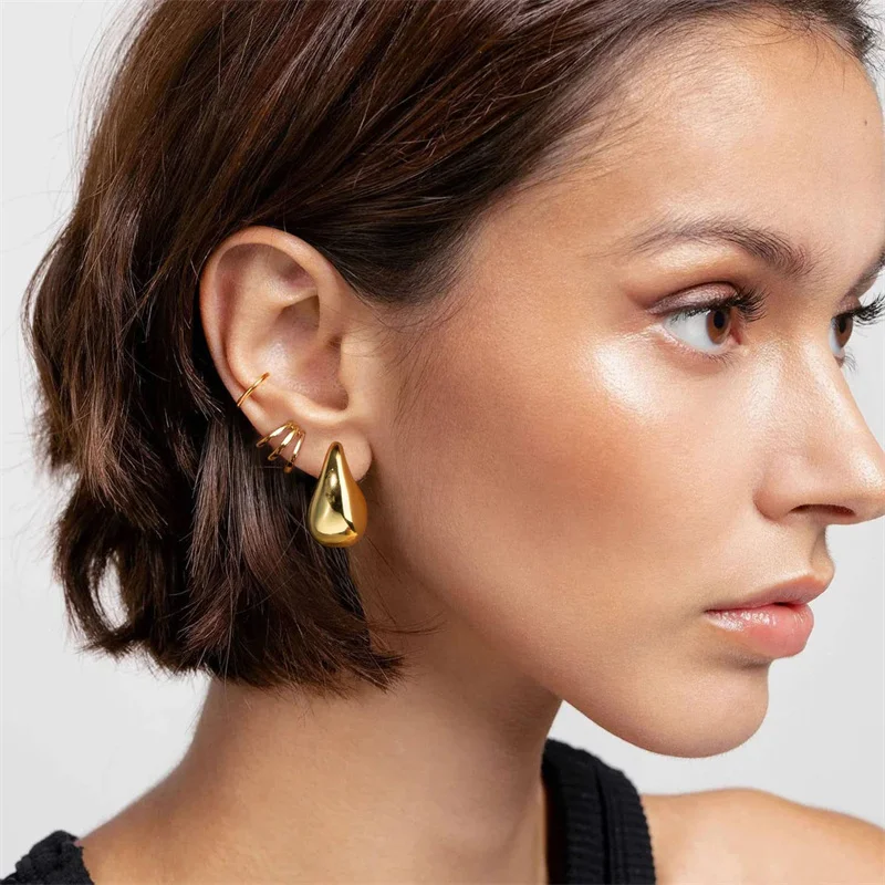 Banhado a ouro Chunky Dome Drop Earrings para mulheres, aço inoxidável brilhante, grossos brinco de lágrima, jóias vintage, atacado