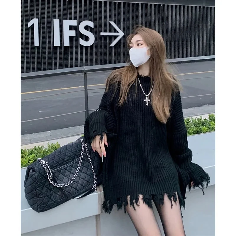 Femme Lazy Loose Irregular Tassels Black Ripped Sweater Women Jumpers Vintage Casual O Neck Long Sleeve Hole Knit Top