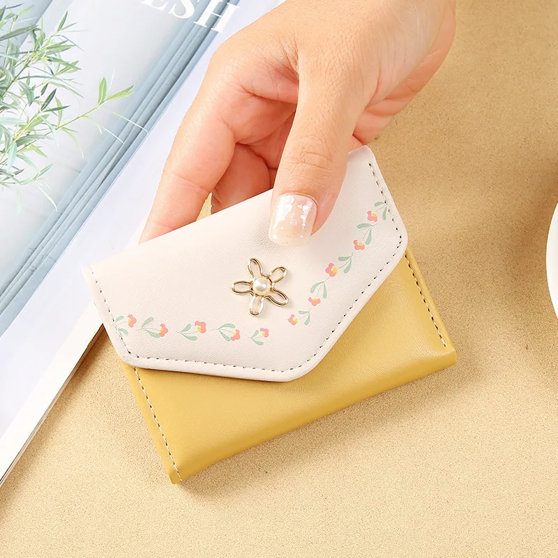 Cute Flower Printed Wallet Women's Short Trifold PU Leather Wallet ID Card Holder Cash Pocket Female Lightweight Compact Wallets