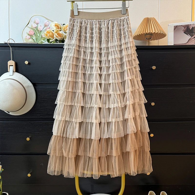 レディース フレンチスタイル メッシュスカート 2025 秋新作 個性的デザイン ハイウエストスカート おしゃれ シック Aライン グラデーションカラースカート