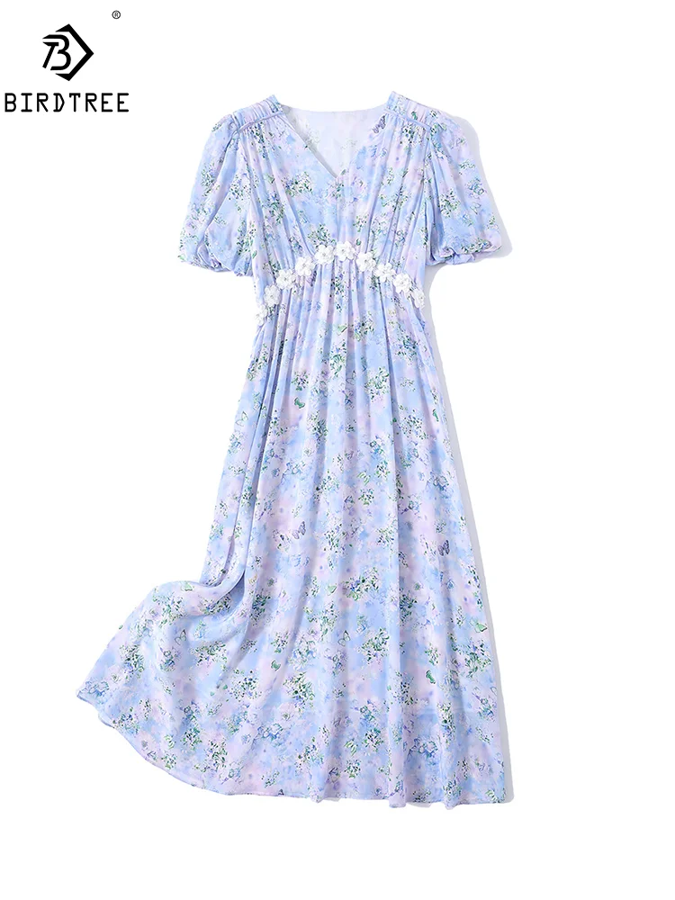 BirdTree-Vestidos Elegantes de seda auténtica para mujer, ropa con cuello en V, manga abombada, Floral, cintura delgada, vestido de fiesta de vacaciones, verano 100%, D44719QM