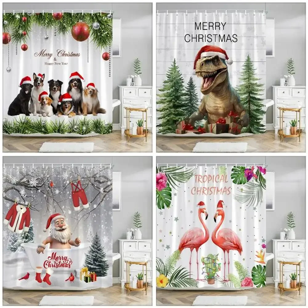 Funny Christmas Animals Shower Curtain Cute Puppy Dinosaur With Christmas Hat Flamingo Fabric Home Bath Curtains Bathroom Decor