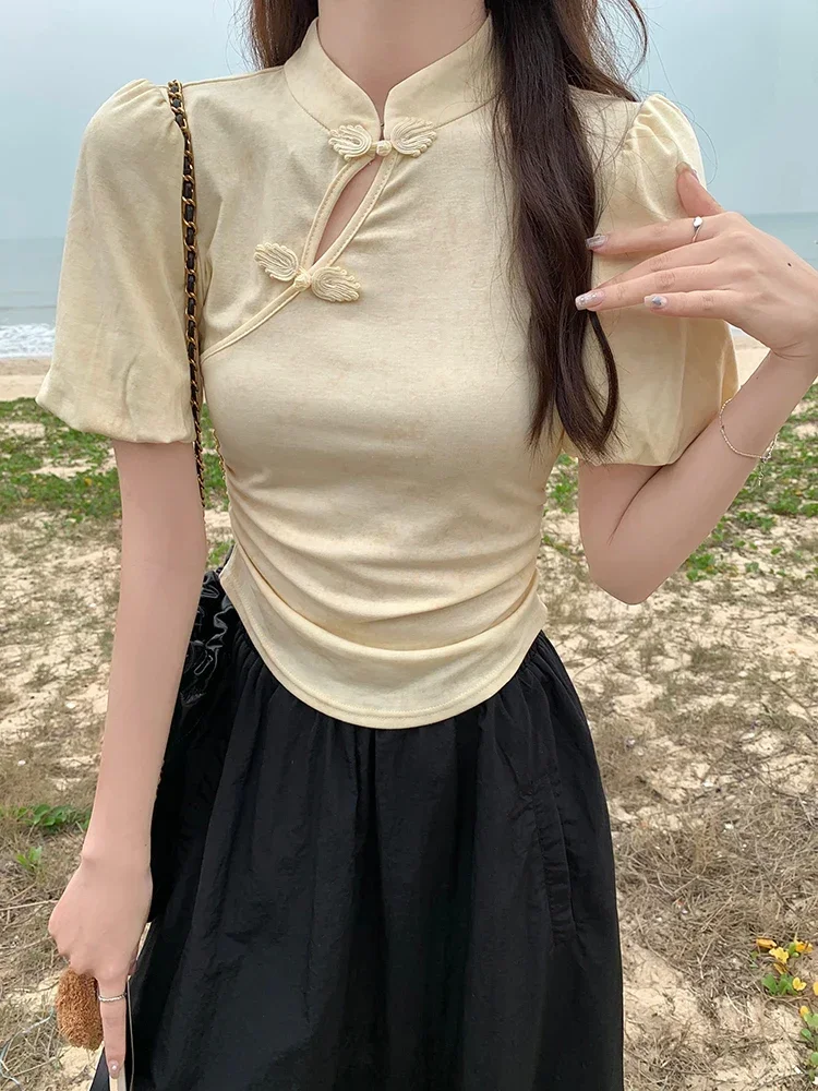 Solid Color Sweet Lady Woman T-Shirt New Chinese Slim Waist Slim Women T-Shirt Summer New Simple Basic Chicly Top Female