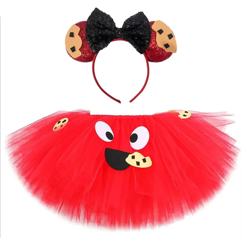Girls Cartoon Monster Themed Tulle Layered Fluffy Tutu Dress With Mouse Ear Sequin Headband Outfit For Kids Halloween Party Wear