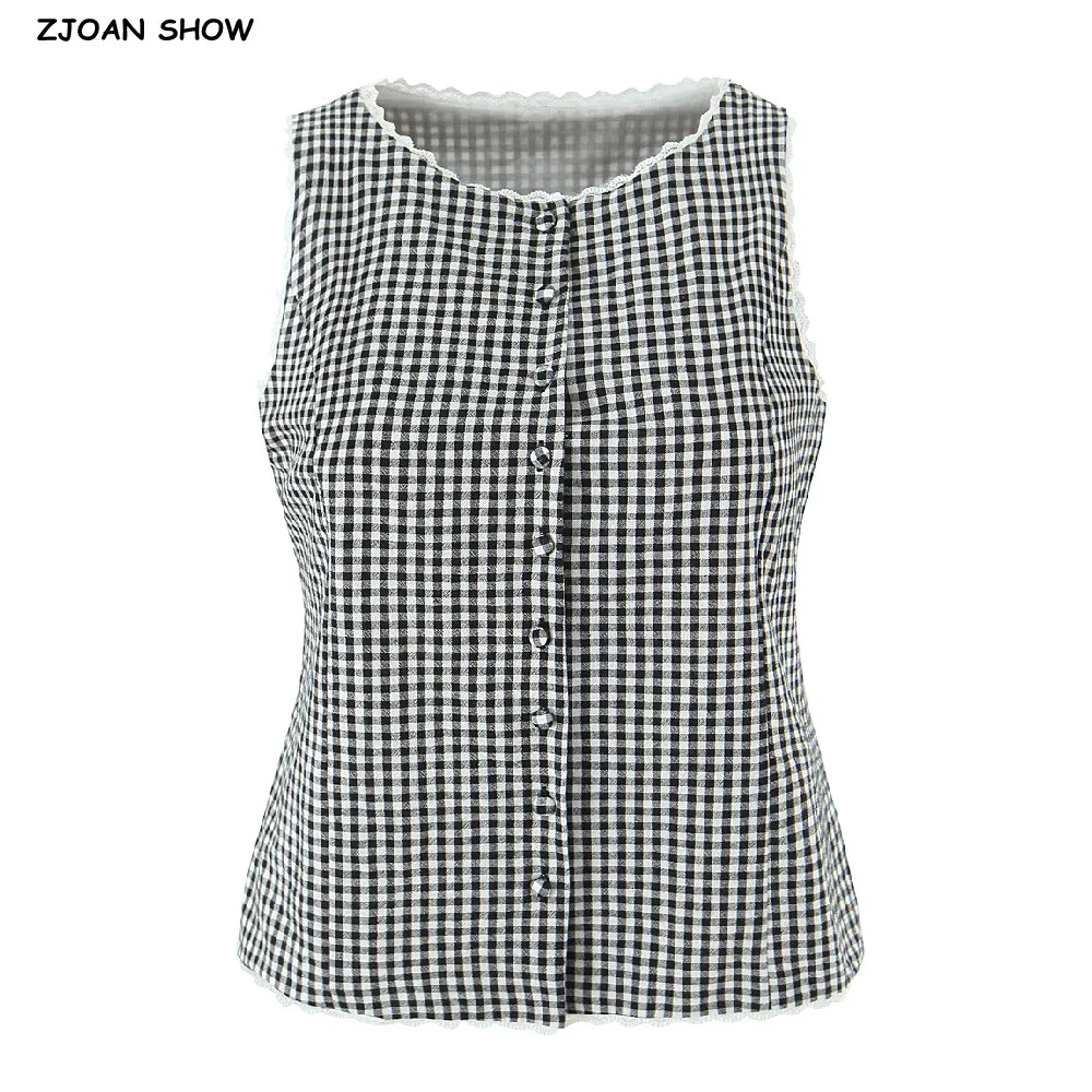 

2025 Chic Black White Plaid Spliced Lace O neck Open Buttons Sleeveless Shirt Women Back Bow Lace-up Belt Tank Tops Tee Crop Top