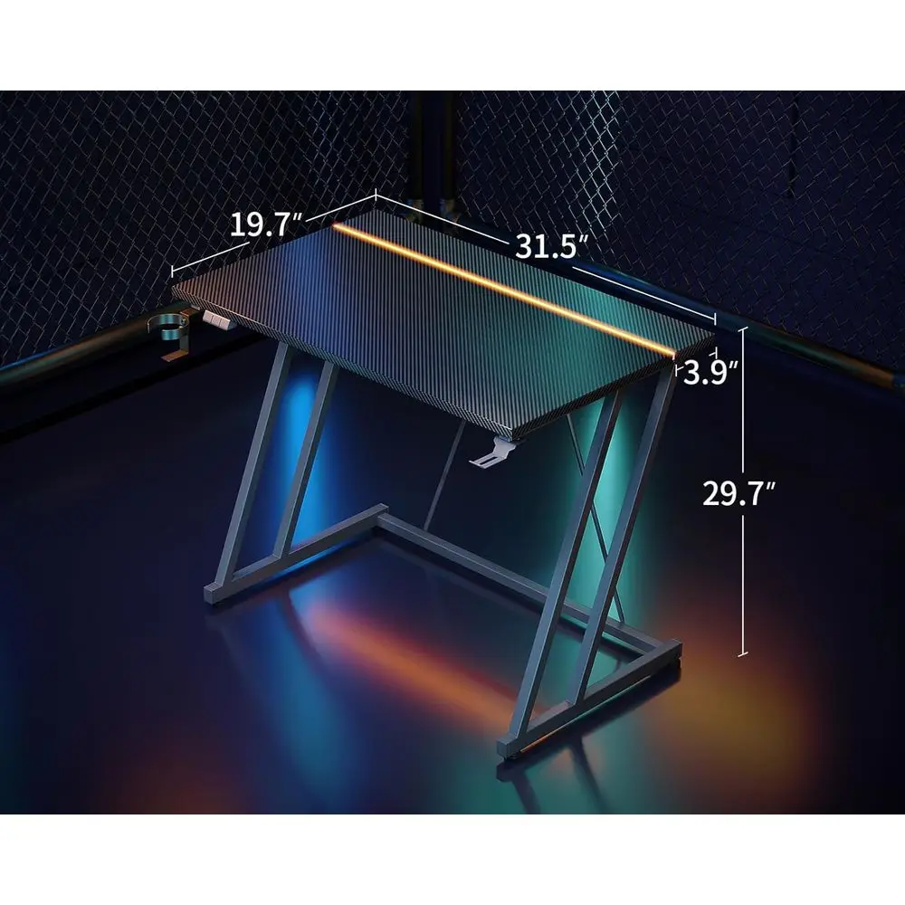 مكتب ألعاب مدمج بإضاءة LED، مكتب كمبيوتر مكون من 32 ملمس كربوني للأطفال والكبار، مكتب أسود موفر للمساحة #3