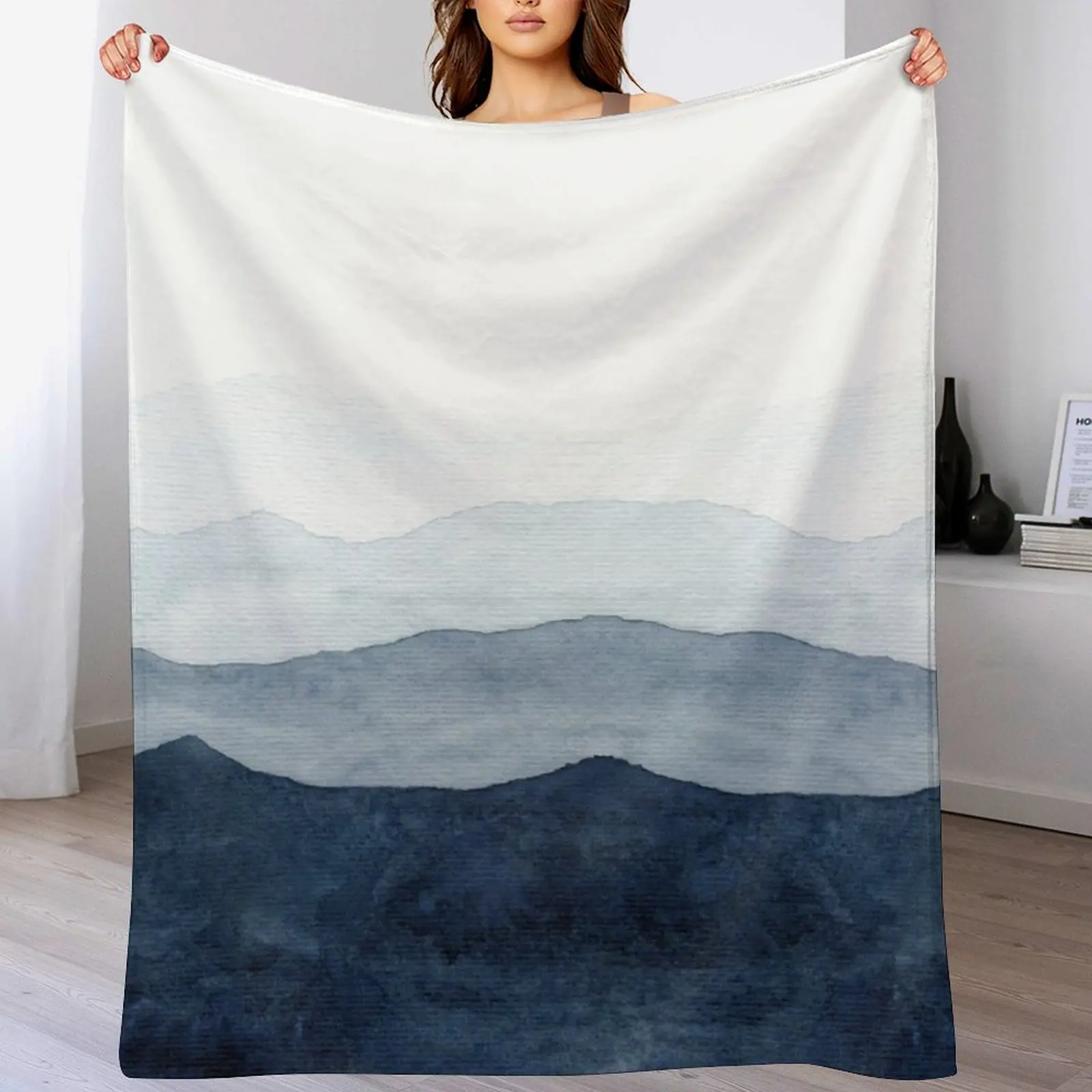 Mountains Ombre | Indigo Abstract Watercolor Throw Blanket Multi Use Warm Blanket for Living Room Bedroom