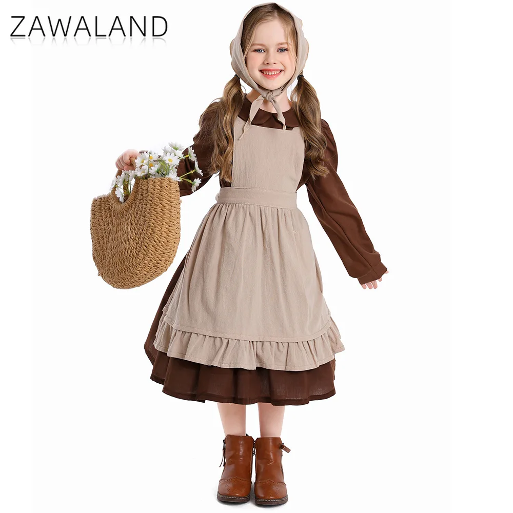 فستان القهوة بلون سادة، فساتين تنكرية للخادمة بأكمام طويلة مع مريلة لمرحلة الأداء، مجموعة المزرعة، ملابس لطيفة للحفلات