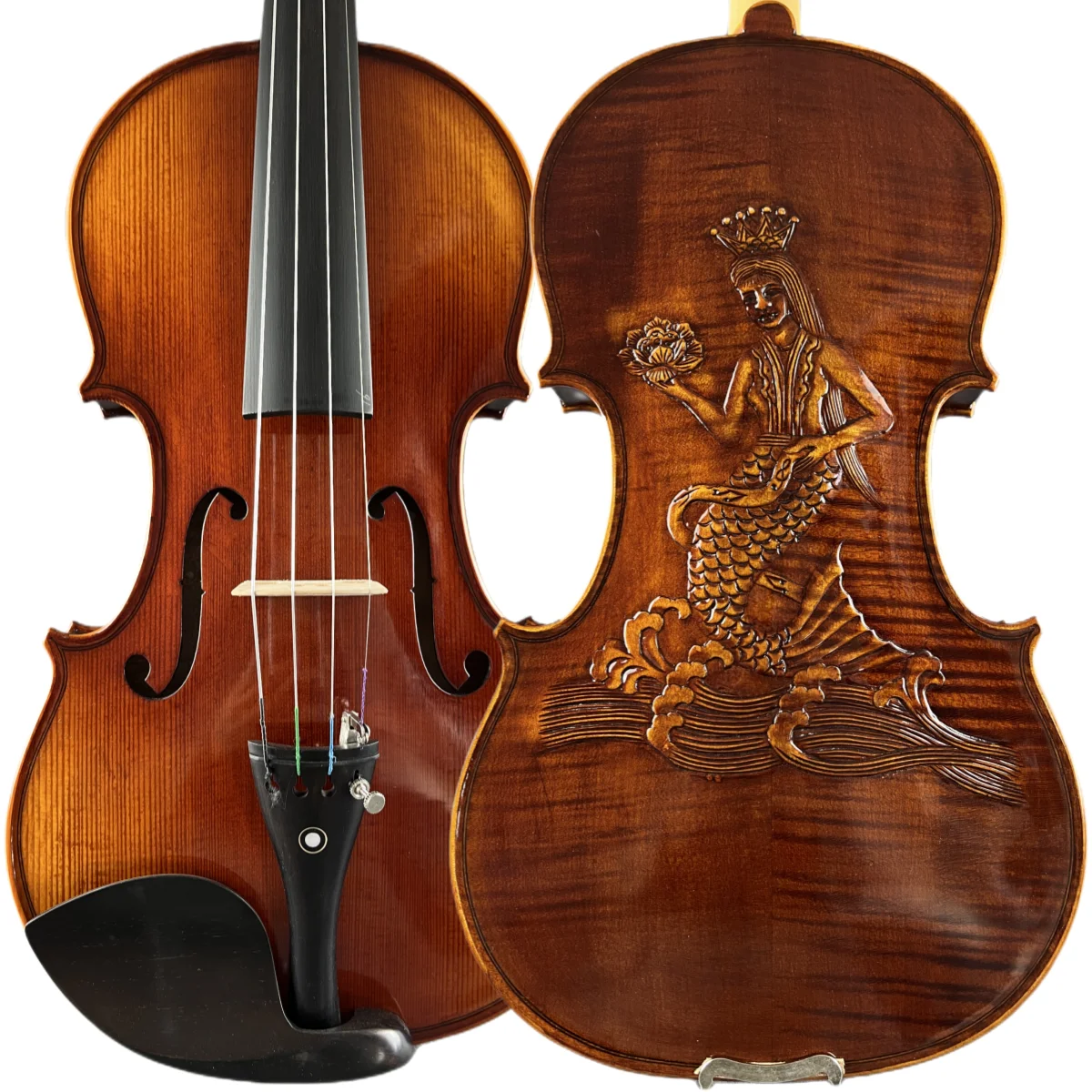 Pure handmade carving art carving mermaid pattern violin tiger pattern performance grading collection