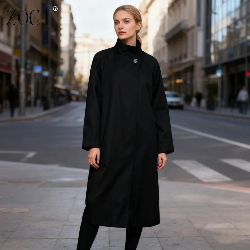 

ZOCI Women's Single Button Trech Coat Solid Color Korean Fashion Long Coat Casual Belt Windbreakers Stand Collar Jacket 2025 New