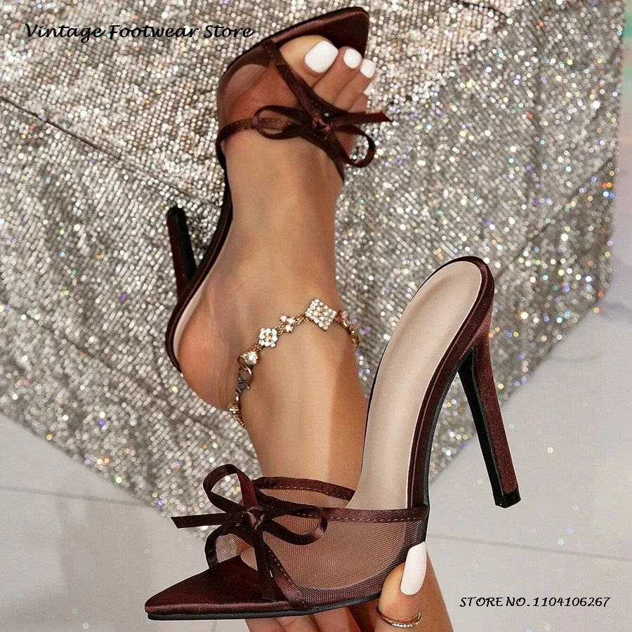 

Women's Bowknot High Heel Mules Breathable Air Mesh Pointed Open Toe Thin Heels Shoes Summer Fashion Party Dress Modern Slippers