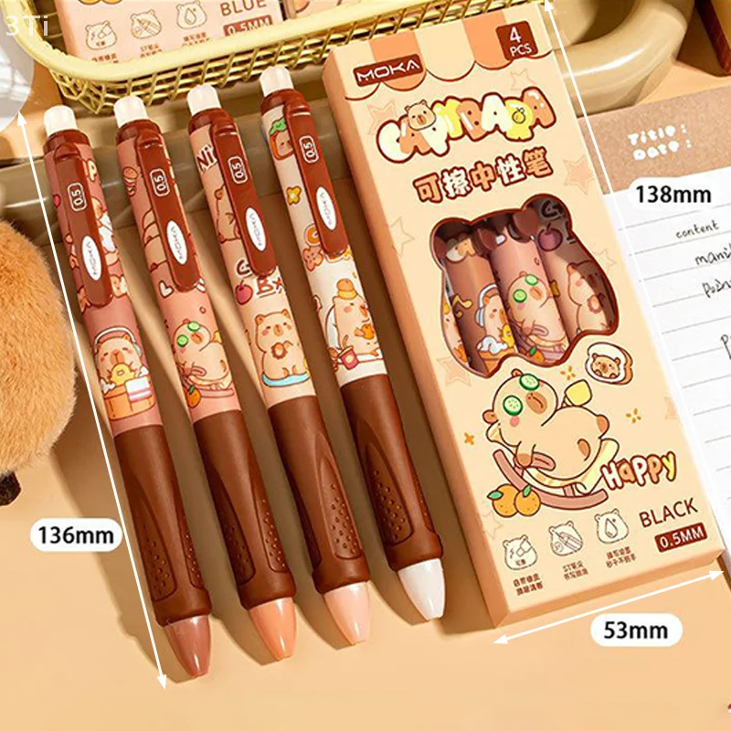 4 шт., стираемая ручка с милым рисунком капибары и панды, модные гладкие быстросохнущие ручки для письма, студенческие канцелярские принадлежности, офисные принадлежности, подарки