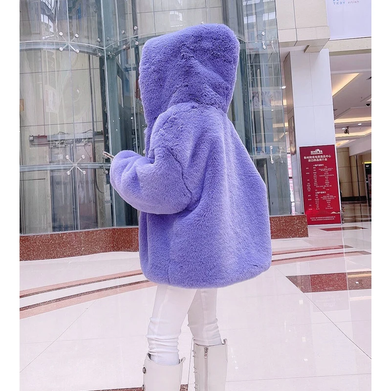 Teens Girls Rabbit Fur hoodied Jackets Short Style Children's Autumn Winter Faux Fur Coats 2022 Kids Korean Fashion Outerwear