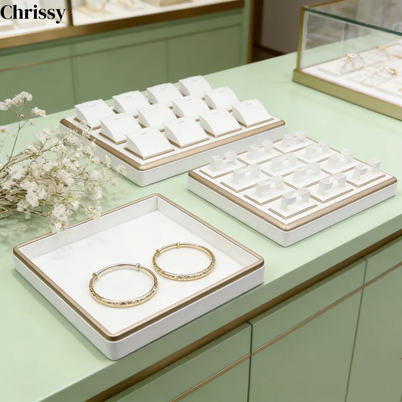 Round Corner Gold White Jewelry Tray, Metal Edged Display Stand for Ring Necklace Earring Bracelet, Store Counter & Exhibition