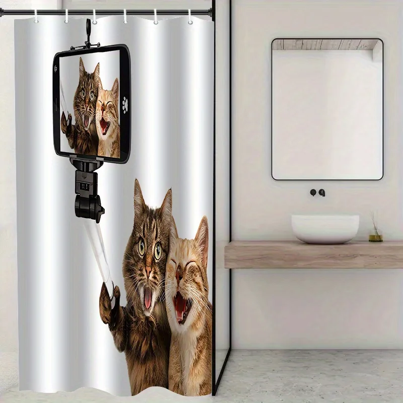 Funny Cat Selfie Shower Curtain, Cute Kitten Taking Photo Print Waterproof Bathroom Decor, Novelty Pet Home Bath Screen