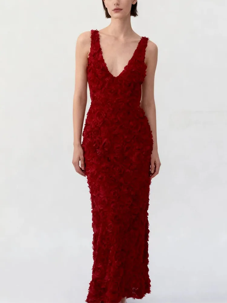 Social socialite vest style V-neck dress sweet and spicy style private dress 3D three-dimensional flower solid color dress