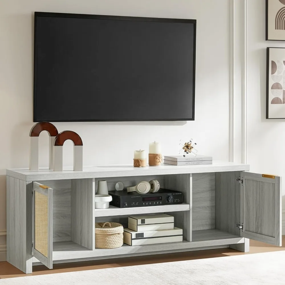 Modern Entertainment Center for 65 inch TV, 2 Rattan Doors Cabinet Media Console, TV Console Table with Soft Hinge Door