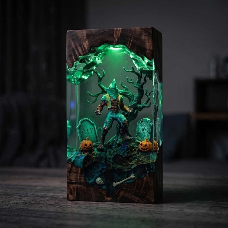 Werewolf Figure Organism Resin Table Light Creactive Art Decoration Halloween Theme Night Light  7-Colors USB Charge