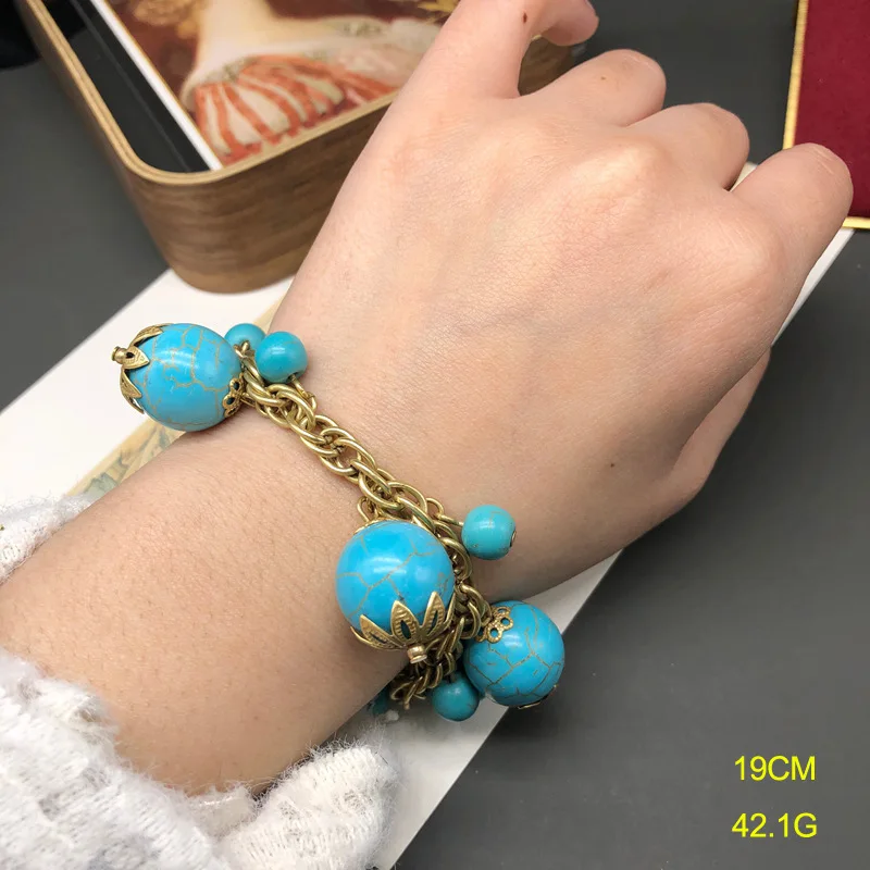 Elegant retro style jewelry gold turquoise necklace bracelet earrings daily versatile women's jewelry