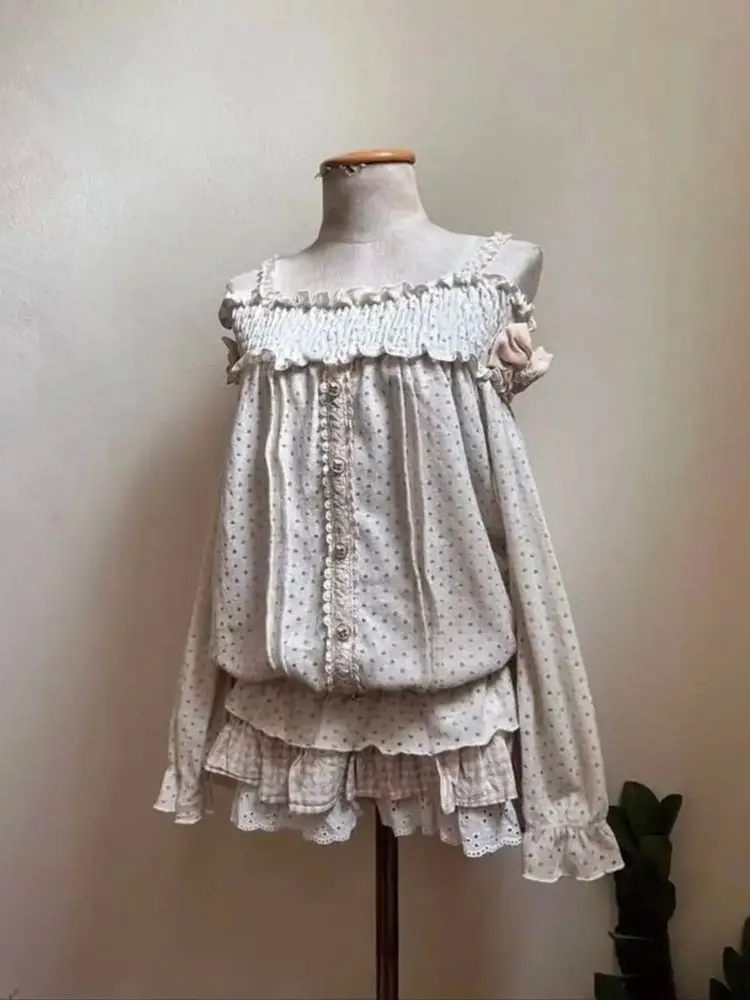 

Japanese Vintage Polka Dot 2 Piece Set Women Sweet Spice Off Shoulder Tops High Waist Lace Mini Skirt Elegant Fashion Skirt Sets