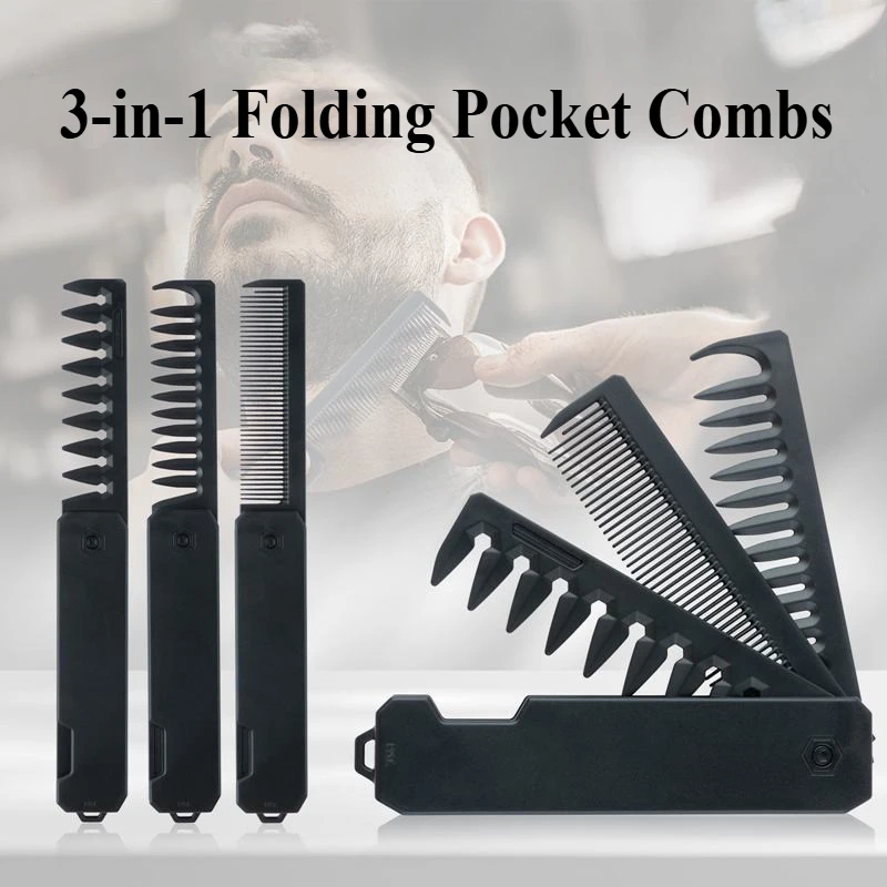 Multifuncional 3-in-1 Plastic Folding Pocket Combs Barber Men Oil Head Beard Combs Portable Wide Tooth Combs Hair Styling Tools