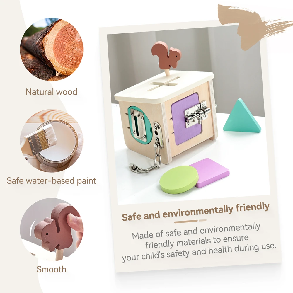 Wooden Shape Lockbox Toy Unlock Various Locks Problem Solving Baby Wooden Toys Fine Motor Skills Color Recognition Sensory Toys