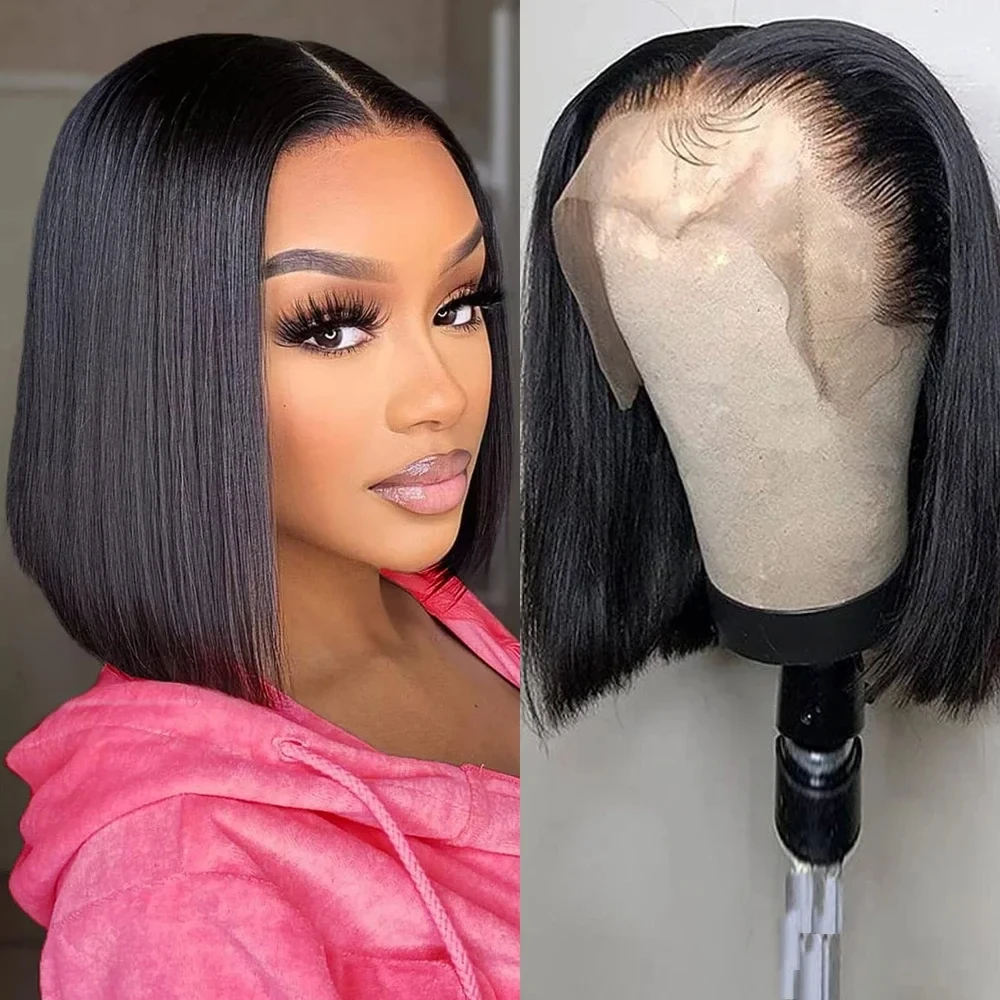 18 Inch Short Straight Bob Wig Human 13x4 Lace Transparent 200% Frontal Hair Bob Wig PrePlucked Lace Front Human Hair Wigs