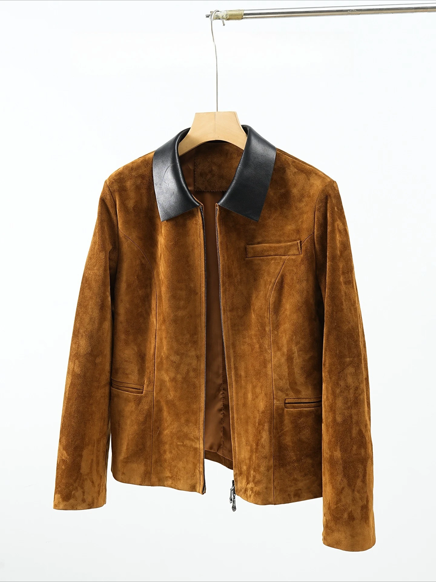 Retro Winter Merk Kid Suede 100% Leren Jas voor Vrouwen Kraag Zak 100% Schapenvacht Slim Fit Jas Revers