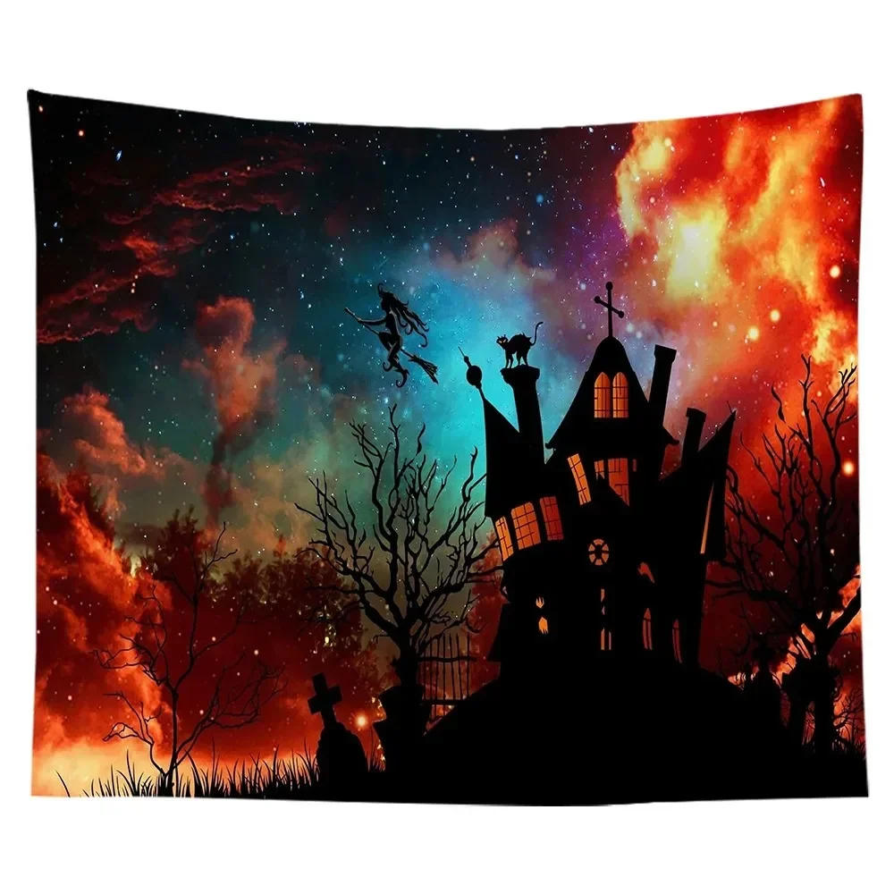 

Halloween Tapestry Spider Web Spooky Castle Pumpkin Matrix Orange Black Living Room Decoration Party Dorm Theme