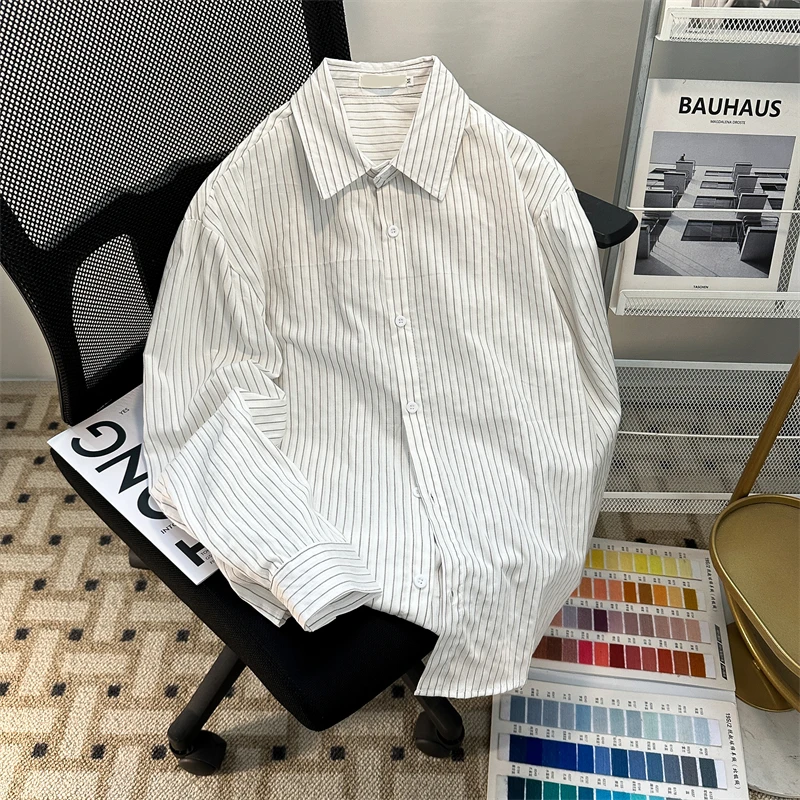 

Приталенная винтажная полосатая рубашка в японском стиле, мужская длинная свободная повседневная драпированная тонкая рубашка, осенне-весенняя сезонная одежда