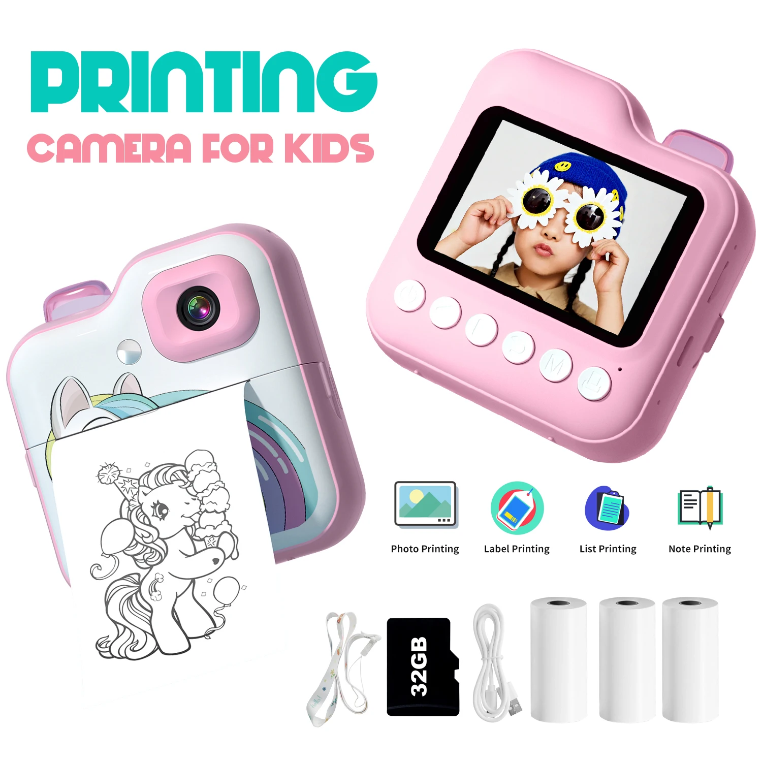 

Children Camera Mini Instant Print Digital Camera 32G Memory Card Printing Paper Kids Video Educational Toys For Boys Girls