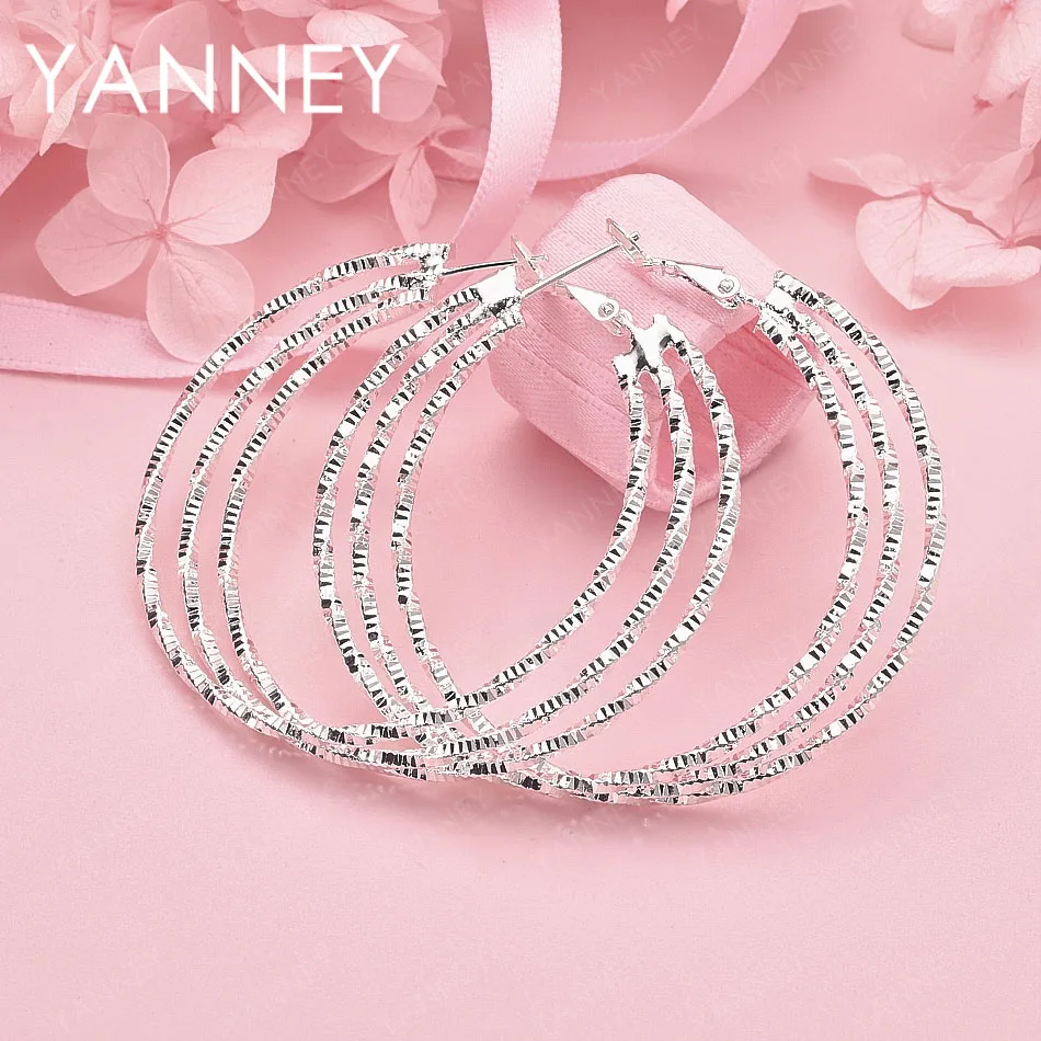 

Luxury 925 Sterling Silver 50mm Frosted Triple Strand Earrings for Women, Fashionable Wedding Jewelry Accessories