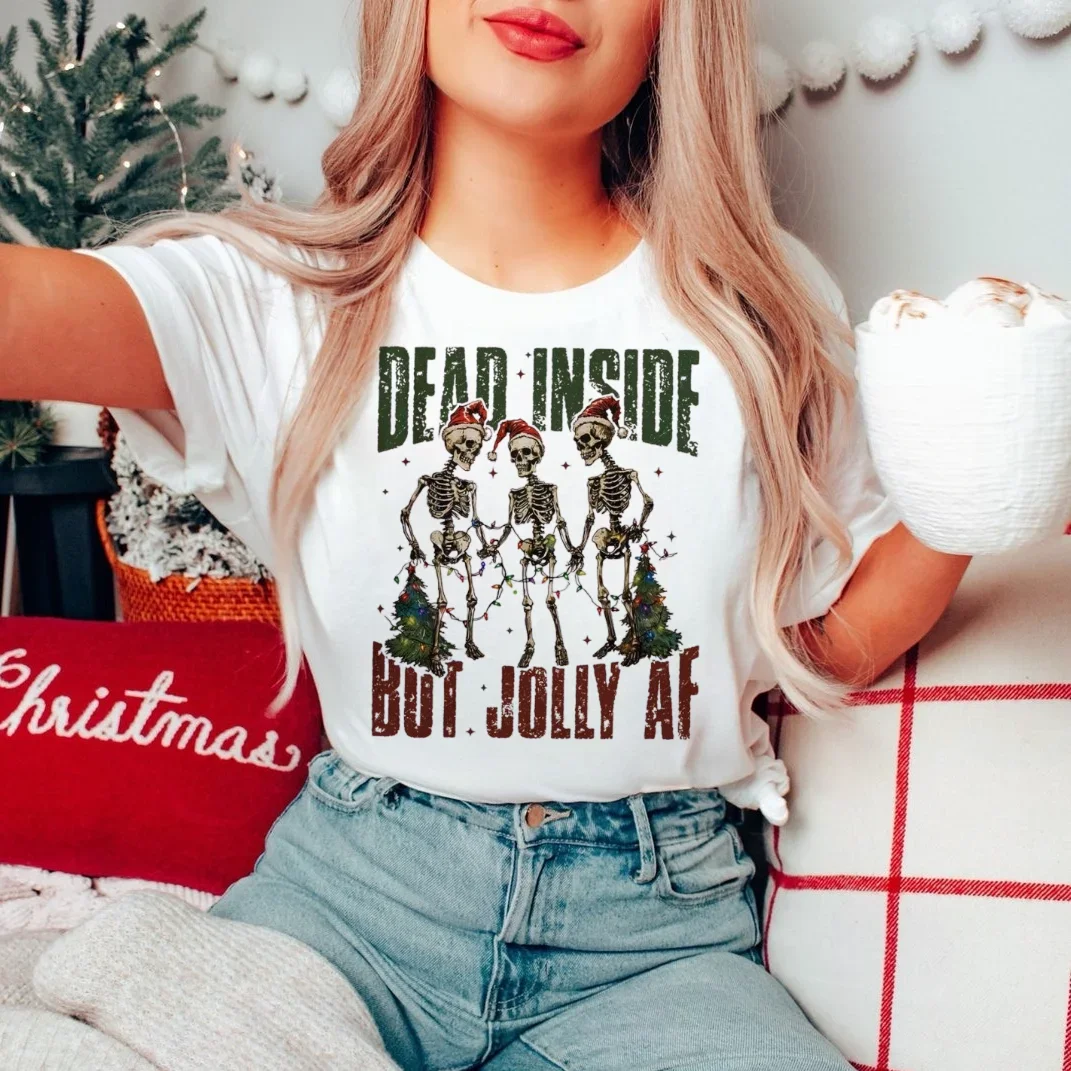 Christmas Skeleton Trendy Retro Pattern T-Shirt Fashionable and Versatile Women's Printed Merry Christmas Printed T-Shirt