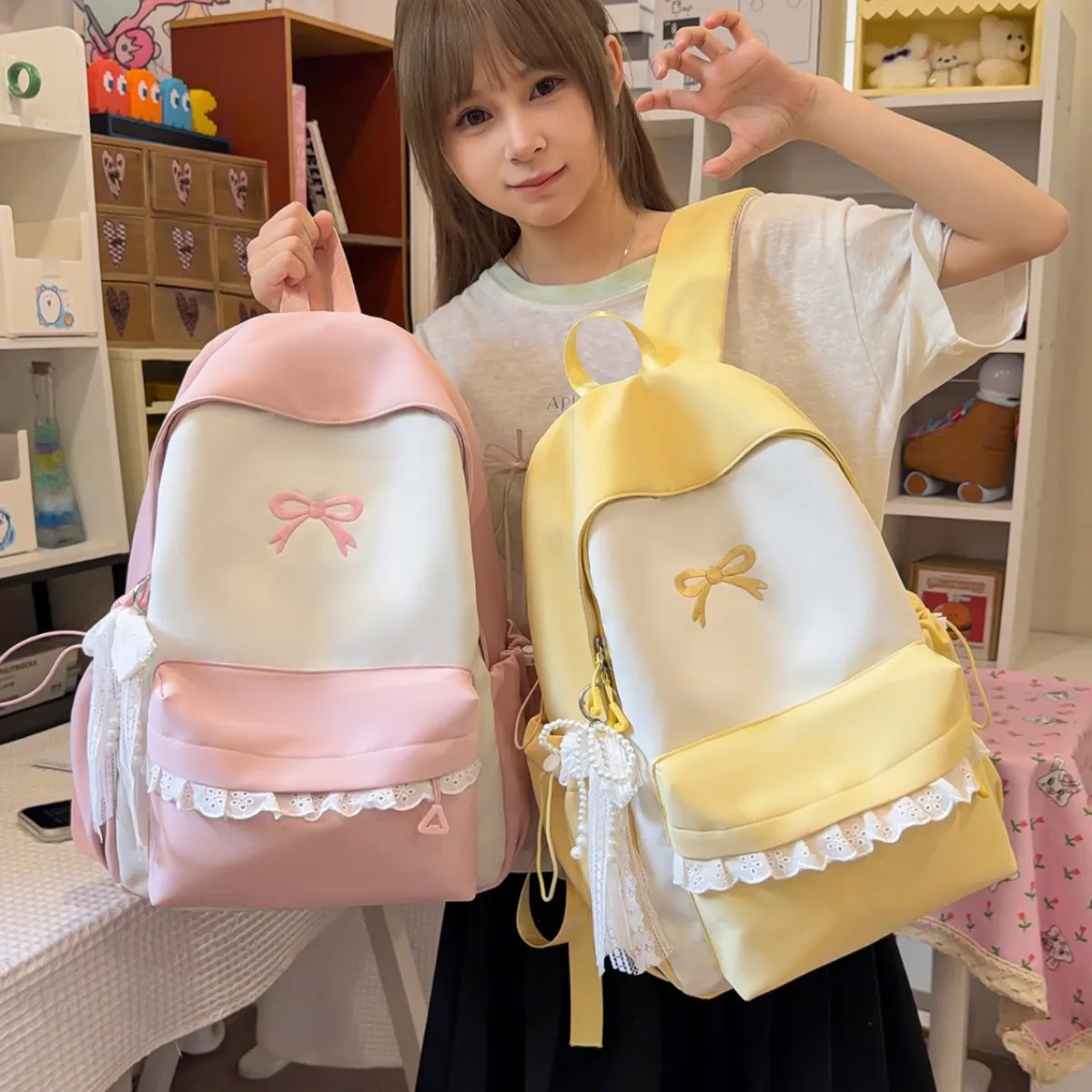 Lightweight nylon cloth student backpack with interlocking contrasting color lace trim, cute girl travel computer bag