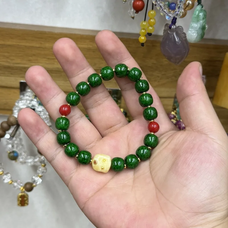 Tibetan-style green dragon horn single-loop bracelet, Buddhist prayer beads, decorative accessory for men and women, versatile,