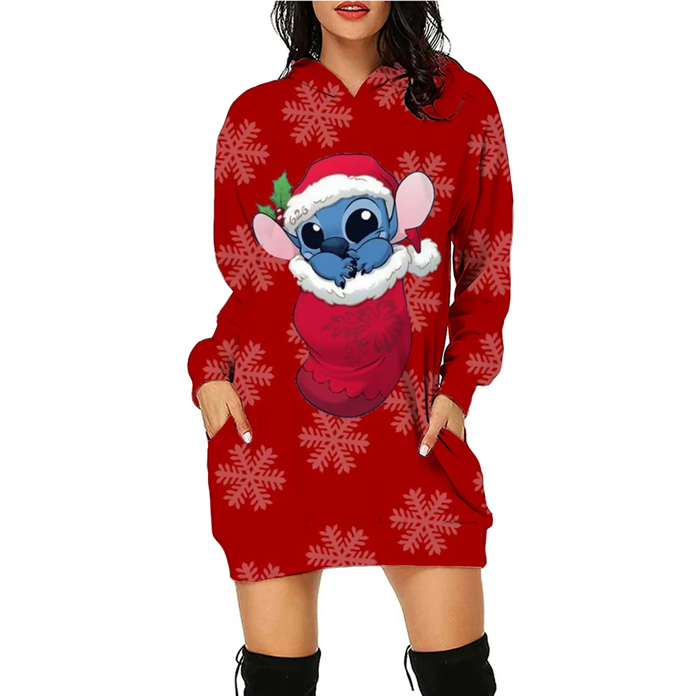 

New Women's Disney Series Christmas Stitch Printed Pullover Sweatshirt Hooded Dress Casual Fashion Women's Clothing