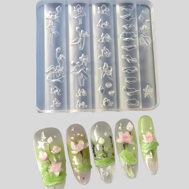 Nail Art Mold Lotus Fish Leaf 3D Carving Transparent Silicone Mold for Nail Decorations