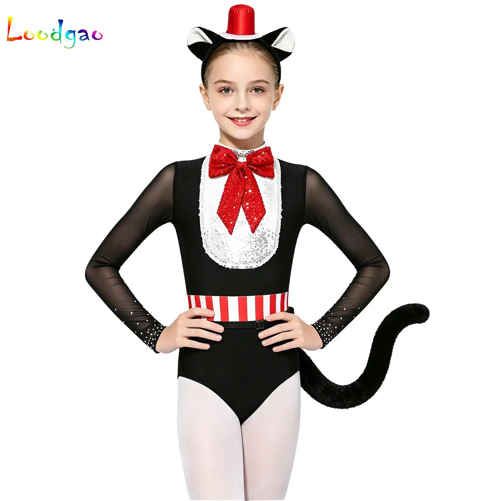 Kids Girls Cute Cat Style Ballet Gymnastics Dancewear Set Long Sleeve Bowknot Sequin Bodysuit with Hair Hoop Faux Tail Outfits