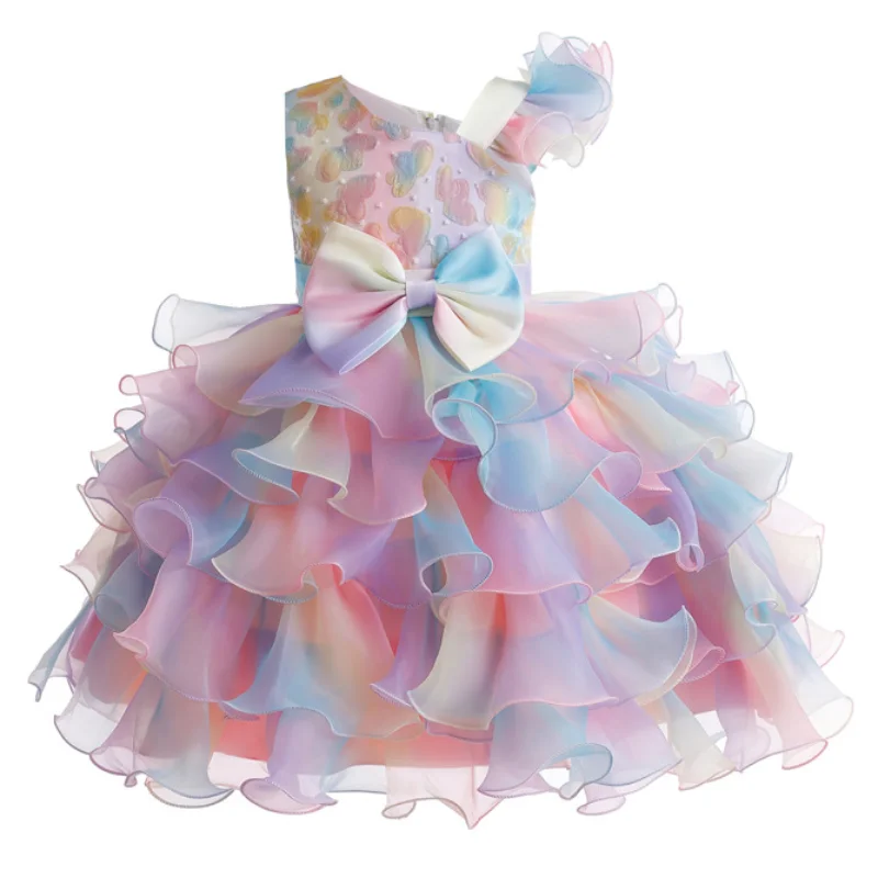 Girl\'s New Bow Sequin Rainbow Mesh Asymmetrical Collar Fluffy Skirt Sticker Birthday Party Stage Performance Dress