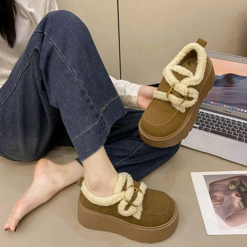 Women's New Winter Heel Boots Fashion Round Head Cow Suede Metal Buckle Thick Sole Anti-slip Wear-resistant Low-top Shoes image 4