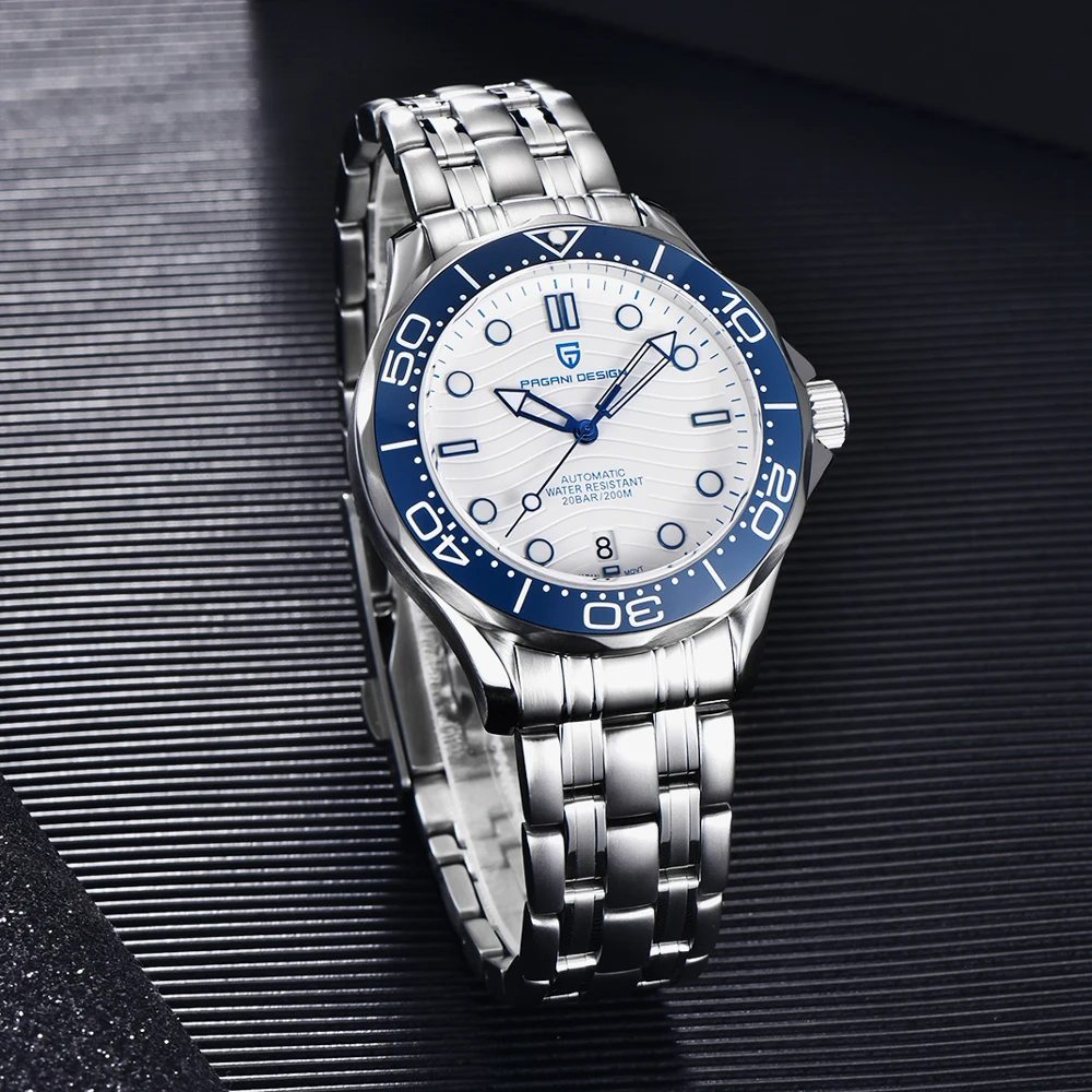 PAGANI DESIGN Orologi Orologio meccanico automatico semplice blu e bianco da uomo AR Vetro zaffiro NH35 Movimento in acciaio inossidabile