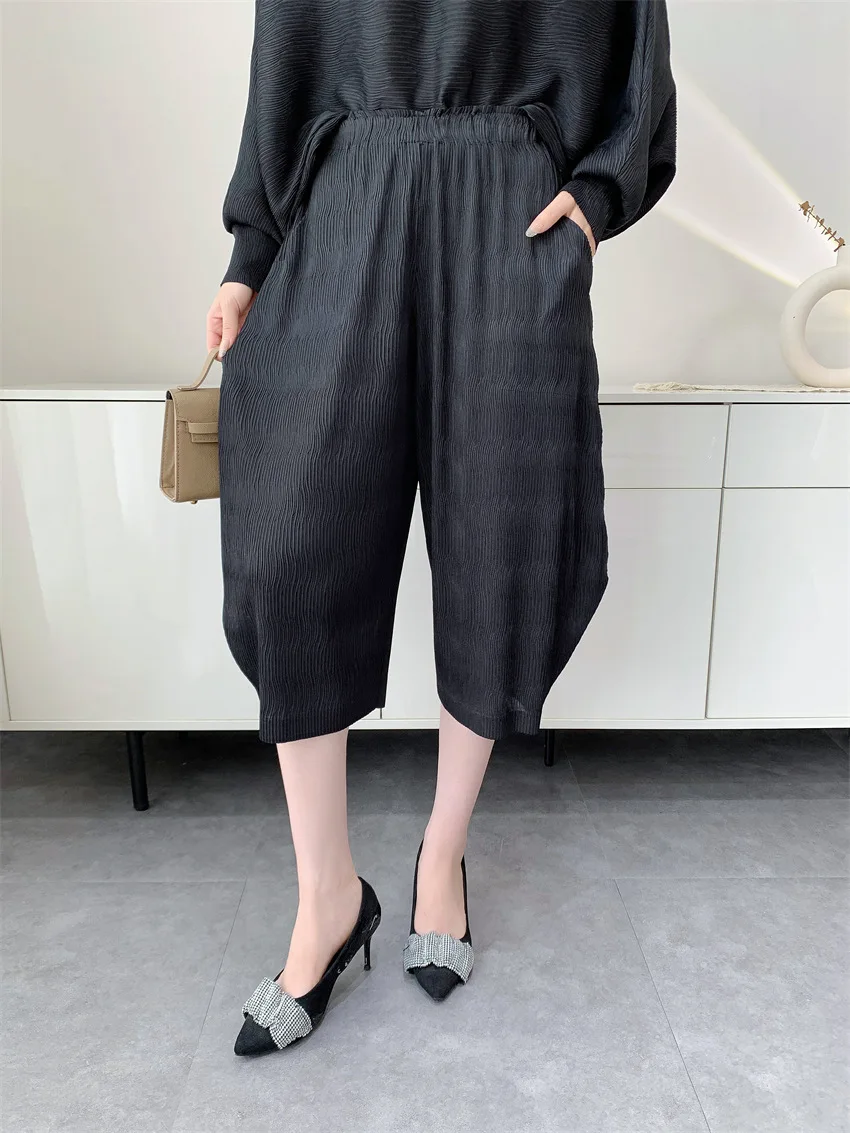 Miyake Pleated Women's Casual Solid Color Loose Large Size Elastic Waist Three-quarter Wide Leg Pants