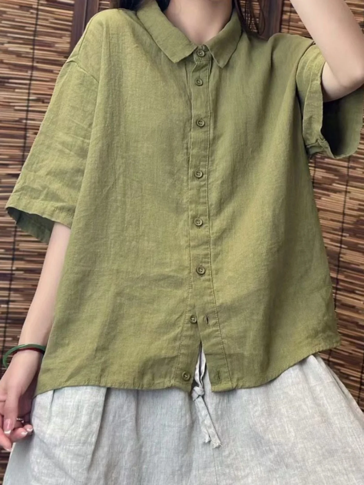 

Льняной топ в стиле ретро, женский летний цветной универсальный отложной воротник для похудения, топ све пяти четвертей