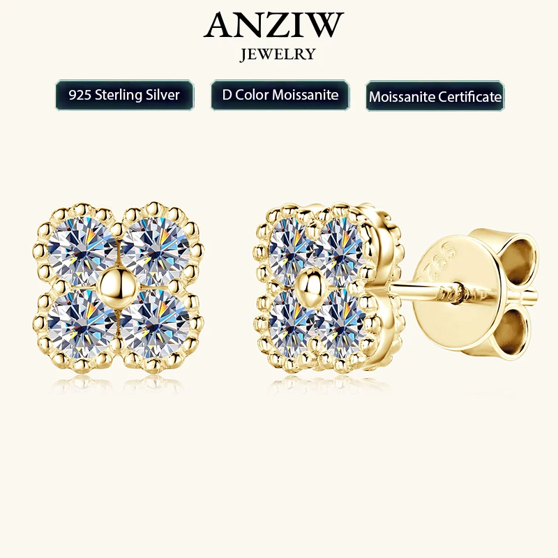 

2025 Trendy Four Clover Moissanite Stud Earrings 925 Sterling Silver Flower Piercing Ear Jewelry for Women 3mm Lab Diamond Gifts