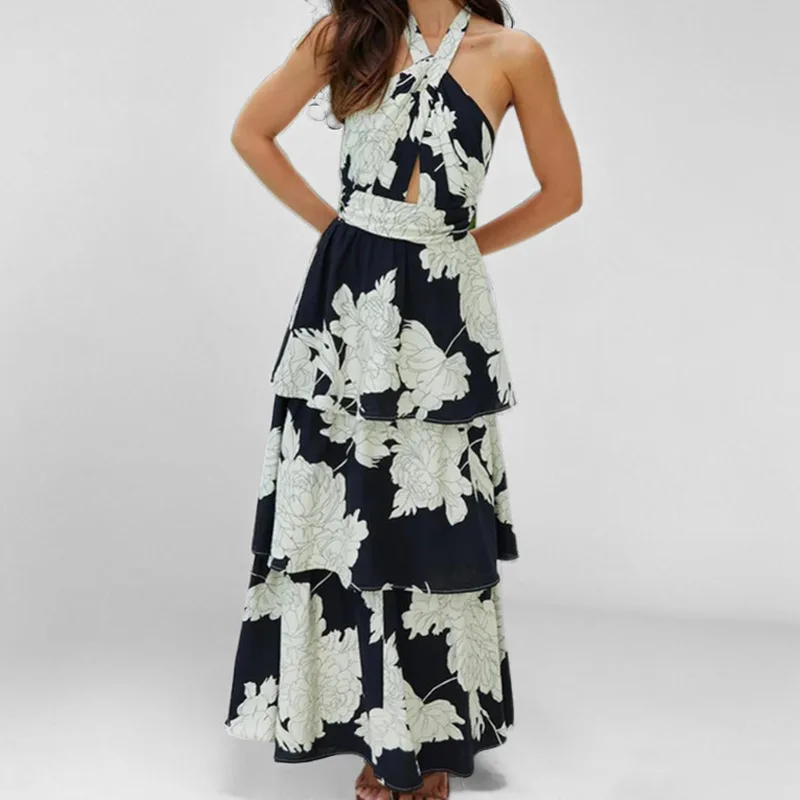 

TOY-Women's Summer Dress2025New FashionVTie Waist Slimming Elegant Long Dress