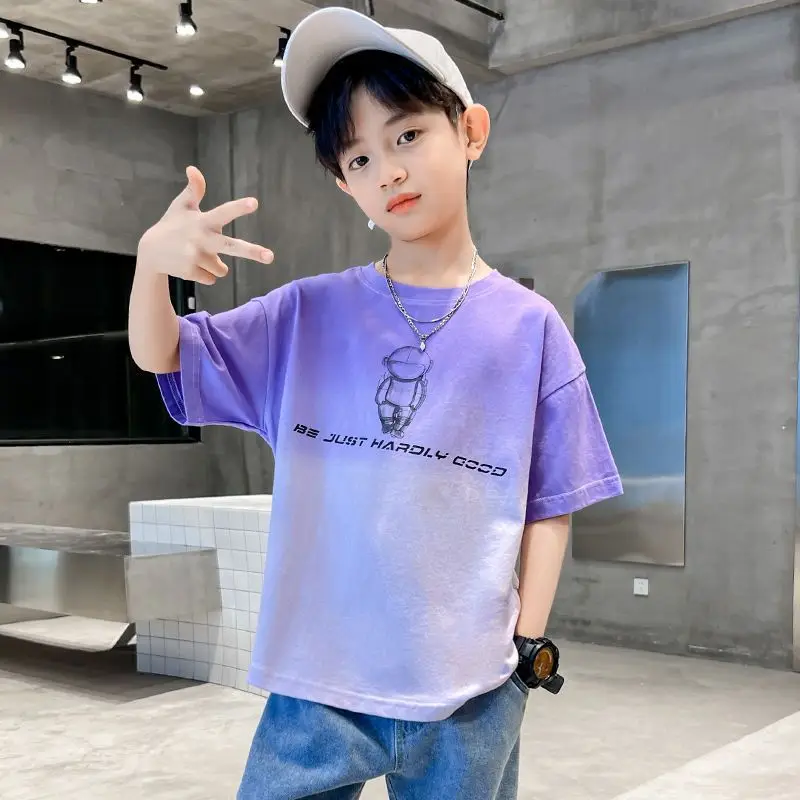 

2023 New 5-14 Years Summer T-shirt Clothing for Boys Cotton Fashion Letters Print Short Sleeve Tee Casual Streetwear Pullover