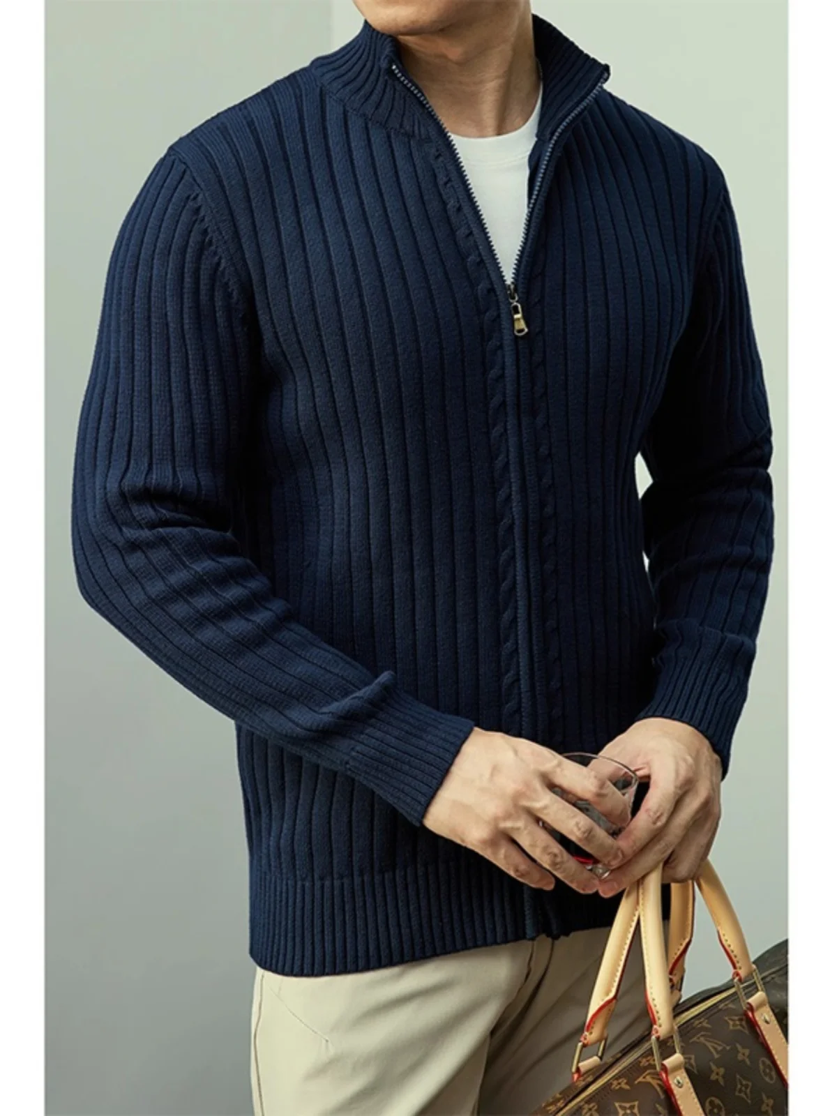 Black Knitted Zipper Long Sleeve Stand Collar Striped Open Cardigan Men's Casual Business Autumn Winter Fashion Urban Style