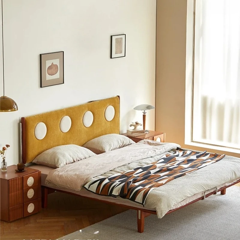 Solid wood flush bed small apartment second bedroom medieval soft bag double bed edgeless no bedside tatami