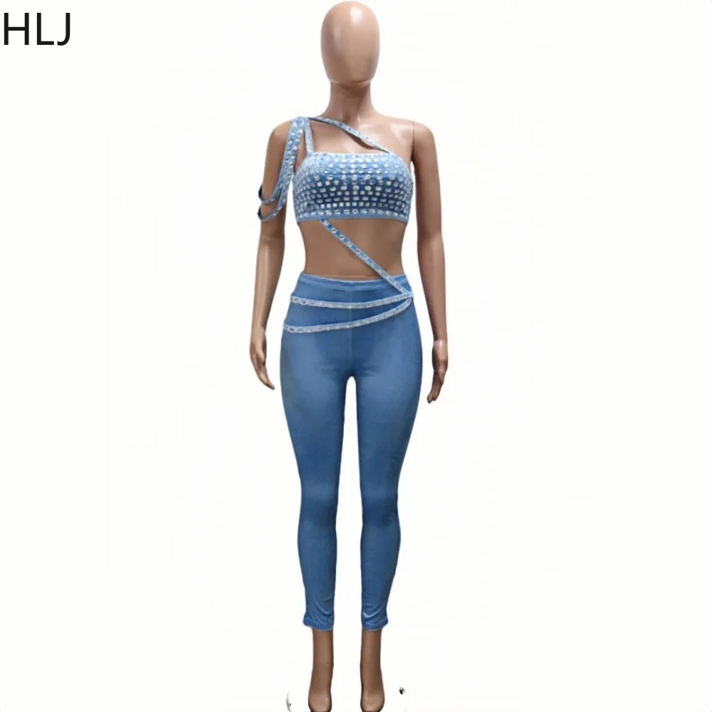 HLJ Sexy Rhinestone Velvet Skinny Pants Two Piece Sets Women Strap Sleeveless Crop Top And Pants Party Club Outfits Fashion Suit