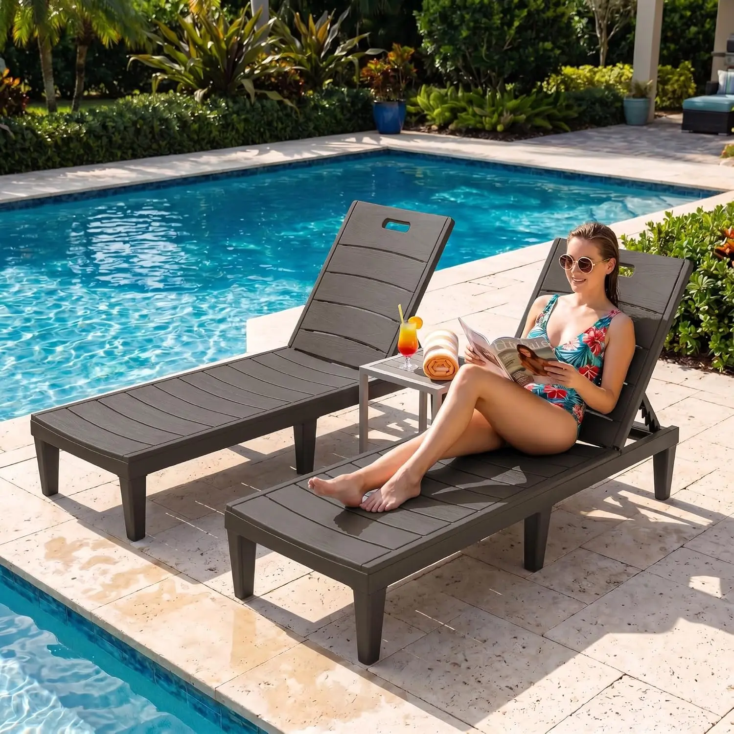 Adjustable Chaise Lounge Chair 2-Pack, Brown, Outdoor Patio Pool Recliner, Customized
